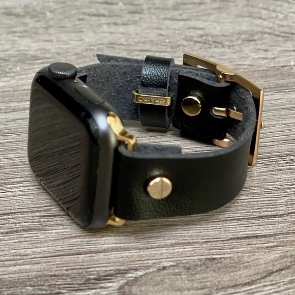 Black Vegan Faux Leather Strap Gold iWatch Band